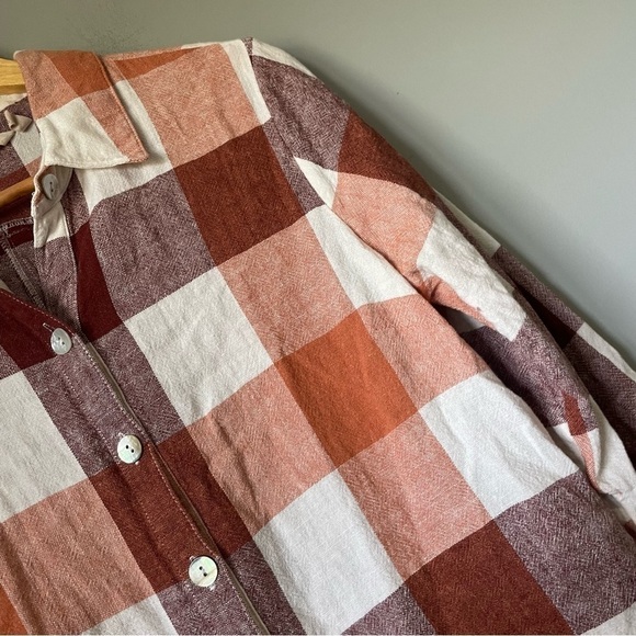 SOFT Surroundings Carreaux Plaid Mother of Pearl Shirt Button Up Linen BLEND LRG - Picture 8 of 9